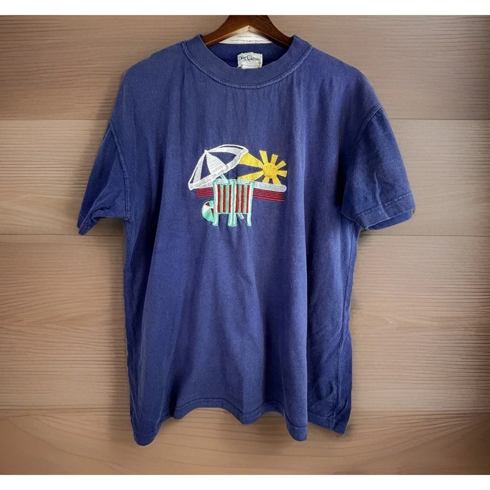 Vintage T-Shirt Oleg Cassini XL Blue 100% Cotton Embroidered Beach Scene